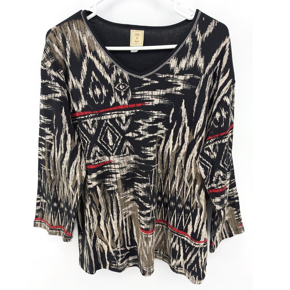 Jess & Jane Navajo Art Top Black Abstract Cotton 3/4 Sleeve Rhinestones Women 1X
